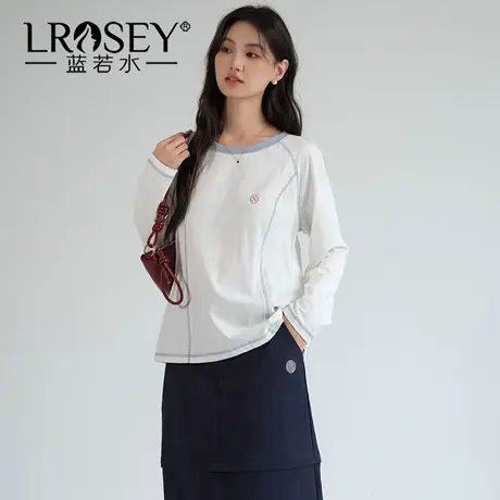 蓝若水大码女装拼色圆领明线打底衫2025秋装新款遮肚子长袖T恤YL图片