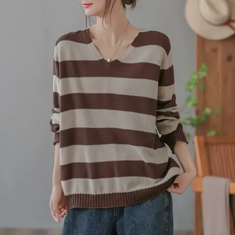 dza复古粗条纹毛针织衫女春秋新款内搭上衣打底衫宽松V领长袖毛衣图片