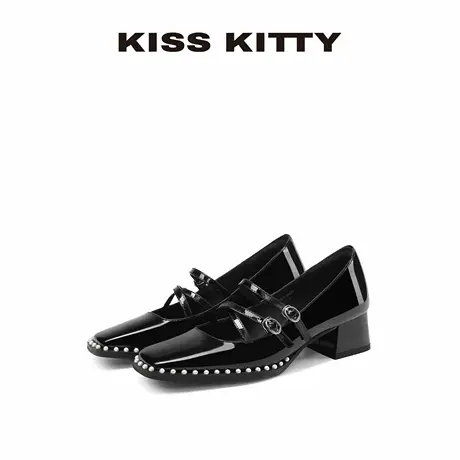 【呼呼专享】KISSKITTY法式珍珠玛丽珍鞋牛皮新款双绊带粗高跟单图片