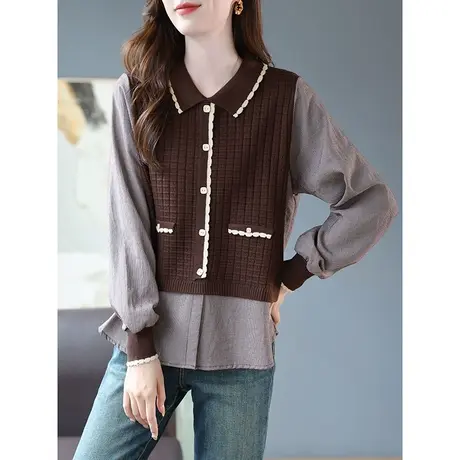 宝诗黎假两件针织拼接衬衫长袖套头衬衣2023秋季新款时尚减龄上衣商品大图