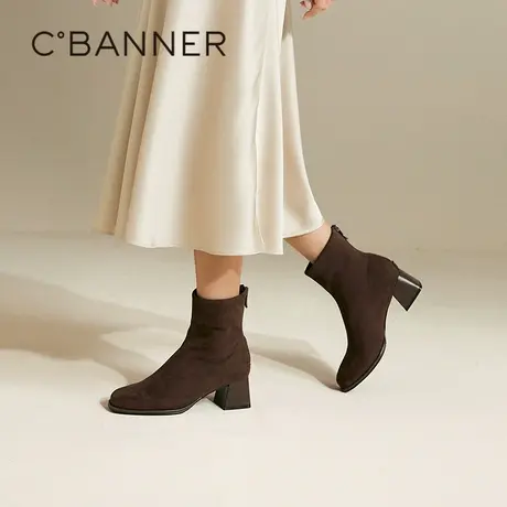 千百度粗高跟弹力袜靴女2025冬季新款绒面通勤时装靴加绒保暖短靴商品大图