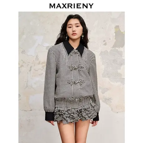 【商场同款】MAXRIENY黑白千鸟格纹流苏钻链中式夹克秋冬新款外套商品大图