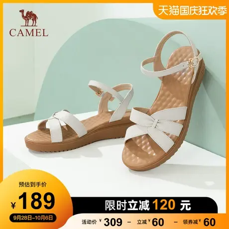 骆驼女鞋2023夏季新款真皮软底一字带露趾平底厚底罗马女时装凉鞋图片