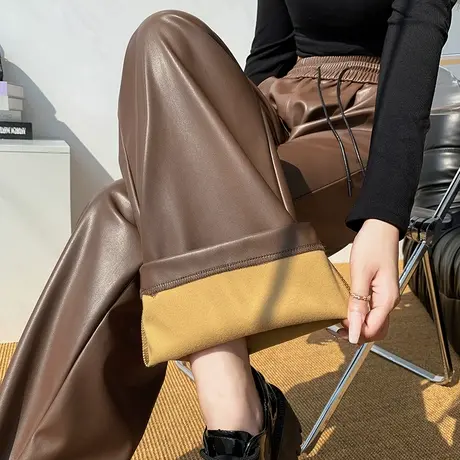 棕色皮裤女秋冬2023新款高腰窄版直筒裤显瘦裤子冬季休闲裤阔腿裤商品大图