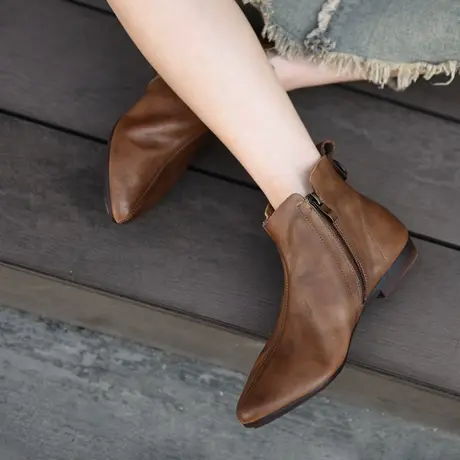 Artmu阿木原创复古尖头短靴女平底2023新款春秋单靴真皮棕色靴子商品大图