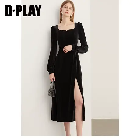 DPLAY2023冬法式复古风黑色宫廷领侧开衩轻礼服丝绒裙小黑裙图片