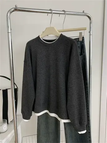 软糯高弹假两件圆领卫衣女宽松韩版深灰色糯米衣秋冬加厚磨毛上衣商品大图