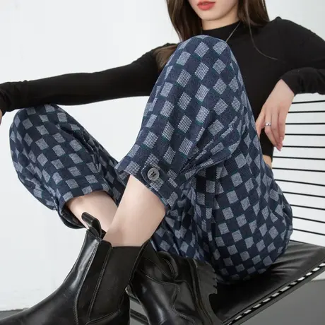 棋盘格裤子女秋冬今年流行的爆款九分休闲裤束脚哈伦灯笼裤毛呢裤商品大图