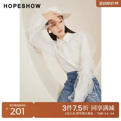 红袖outlets网纱拼接衬衫hopeshow春季新款女装设计感翻领上衣图片