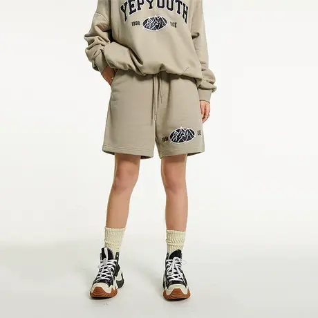 YEP美式复古运动短裤女春秋宽松百搭直筒五分裤高腰松紧抽绳卫裤商品大图