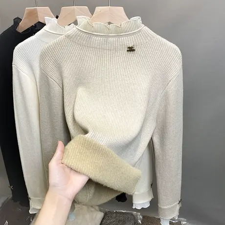 一体绒半高领毛衣女加绒厚打底衫2023秋冬新款蕾丝针织衫内搭上衣商品大图