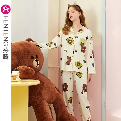 芬腾布朗熊长袖睡衣女纯棉春秋季可爱韩版开衫大码宽松家居服套装商品大图
