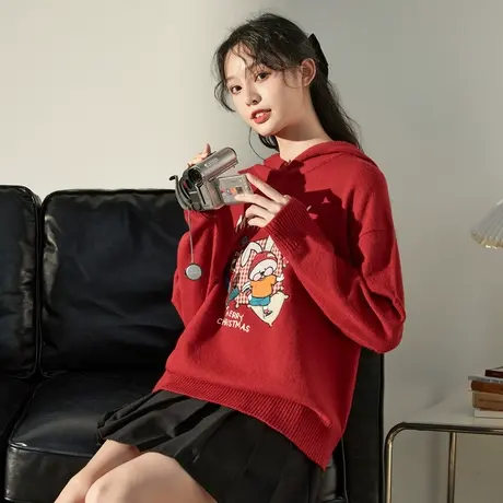 唐狮红色生肖家族毛衣女士秋冬连帽毛衫可爱减龄宽松毛衣穿搭好看图片