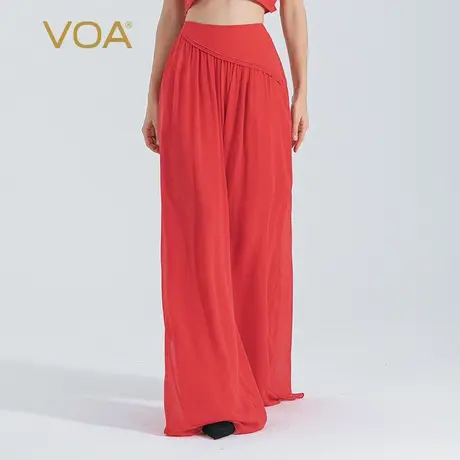 VOA正红色双层乔其桑蚕丝自然腰侧口袋碎褶宽松真丝裙式宽腿裤商品大图