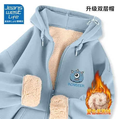 真维斯LIFE蓝色加绒加厚卫衣女款2023新款爆款外套慵懒风韩系上衣商品大图