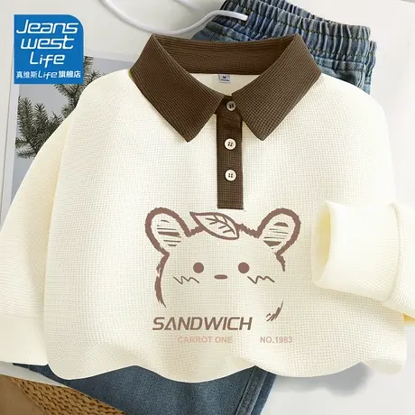 真维斯LIFE华夫格卫衣女秋冬2024新款爆款Polo领印花宽松长袖上衣图片