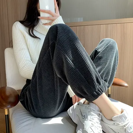 灯芯绒裤子女春秋高腰直筒阔腿条绒宽松显瘦雪尼尔束脚哈伦休闲裤图片