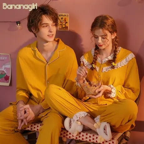 Bananagirl情侣睡衣春秋纯棉长袖简约甜美开衫女士家居服宽松套装商品大图