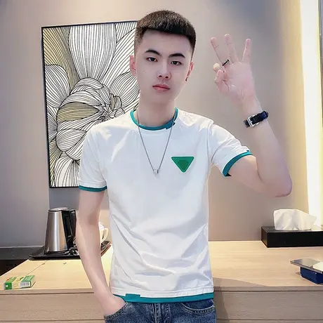 夏季男士t恤男短袖修身半袖拼色拼接假两件快手学生潮流圆领体恤商品大图
