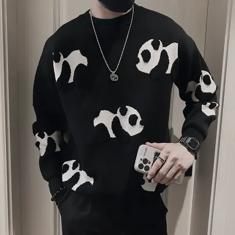 冬款卡通满印熊猫提花针织毛衣男ins网红爆款设计感个性打底线衣商品大图