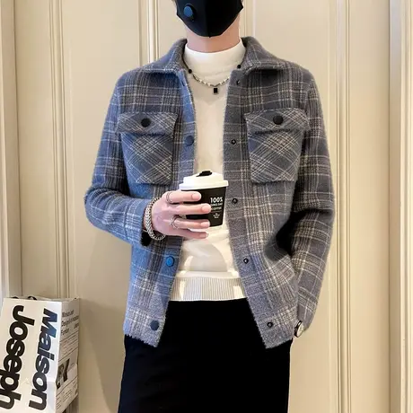 毛呢夹克男2023秋冬新款ins拼色条纹设计感轻熟短款呢子大衣外套商品大图