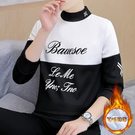 加绒长袖t恤男士秋冬季新款男生卫衣上衣服加厚男装保暖打底衫ins商品大图