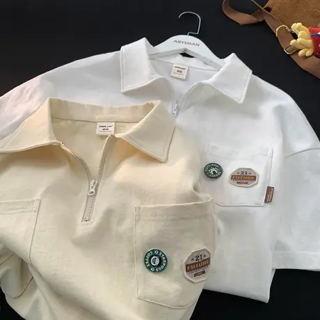 美式潮流纯棉宽松半袖polo衫男夏季半拉链短袖t恤男装ins翻领体恤商品大图