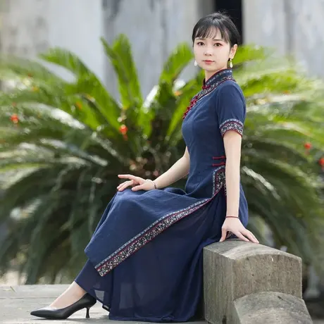 筠雅奥黛旗袍中国风连衣裙女夏季短袖收腰显瘦气质日常穿搭裙子图片