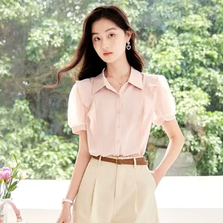时尚气质短袖衬衫2023年夏季新款淑女温柔翻领宽松显瘦通勤上衣商品大图