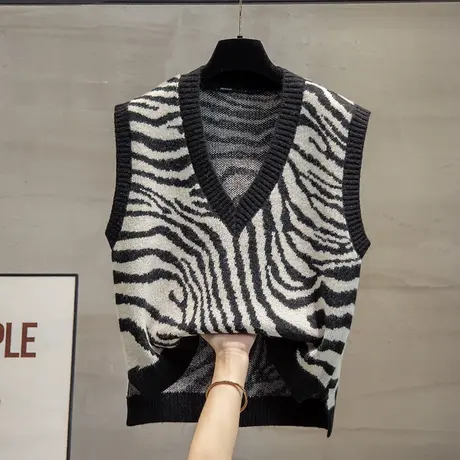 v领斑马纹针织马甲背心女2023秋装新款马夹外穿上衣短款毛衣坎肩商品大图