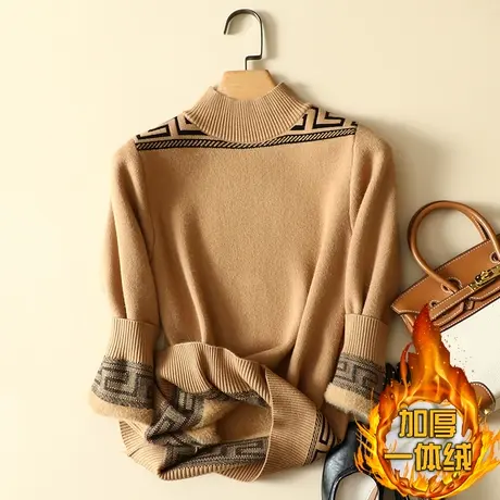 秋冬加绒毛衣女加厚一体绒内搭宽松半高领套头打底针织衫保暖上衣商品大图