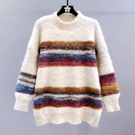 美式复古慵懒风条纹毛衣女冬季2023新款宽松加厚中长款套头针织衫图片