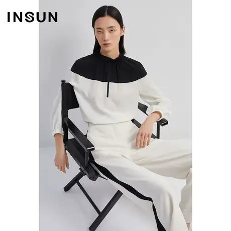 INSUN恩裳秋季仿醋酸撞色拼接立领衬衫图片