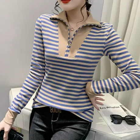 欧货条纹长袖T恤女2024春秋新款设计感翻领上衣显瘦修身打底小衫商品大图