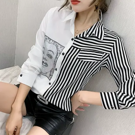 条纹拼接衬衫女长袖春秋小众设计感烫钻洋气上衣气质polo领衬衣寸商品大图