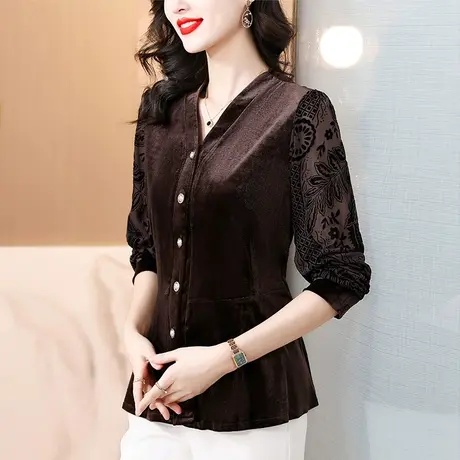 秋冬女士金丝绒衬衫2023年新款时尚修身高端大气V领显瘦打底衫女商品大图