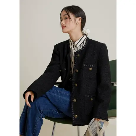 弥古法式名媛小香风外套秋冬女黑色重工针织粗花呢大衣气质高级感商品大图