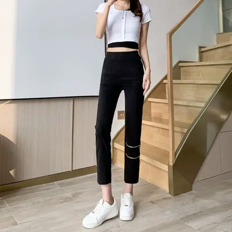 大码黑色小个子薄款直筒裤女八九分2023春夏款弹力显瘦拉链烟管裤商品大图