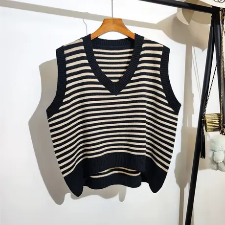 条纹针织马甲女秋冬新款宽松v领慵懒风无袖坎肩毛衣背心上衣外穿图片