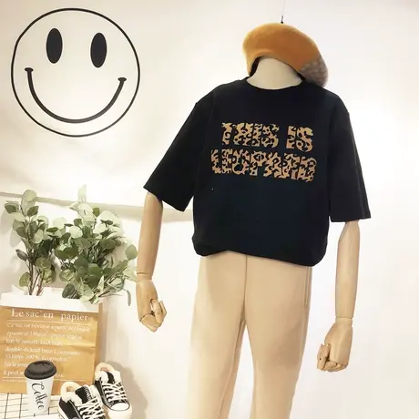 2020春秋韩国东大门chic豹纹字母磨毛加厚T恤欧洲站半袖打底大码图片