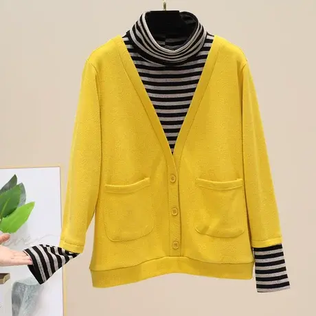 条纹假两件高领卫衣女2023秋冬韩版打底V领针织衫长袖拼接上衣潮商品大图