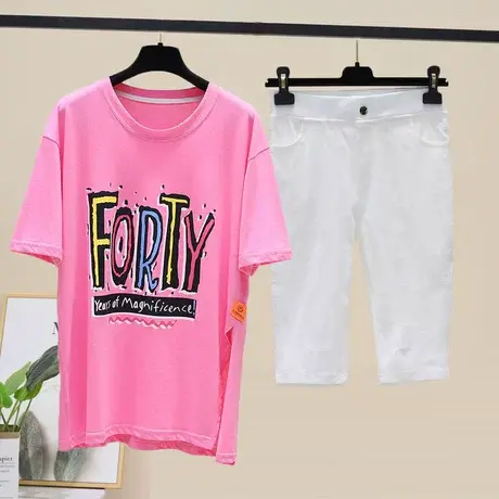 宽松慵懒风开叉印花短袖T恤+紧身破洞五分裤两件套夏季显瘦潮套装图片