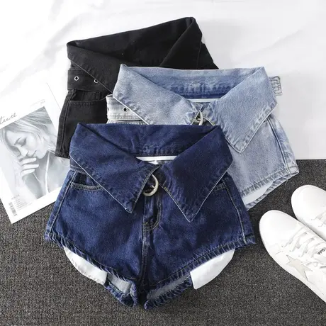 腰围翻边韩版牛仔短裤2023新款高腰显瘦ins超火个性阔腿a字短裤潮图片