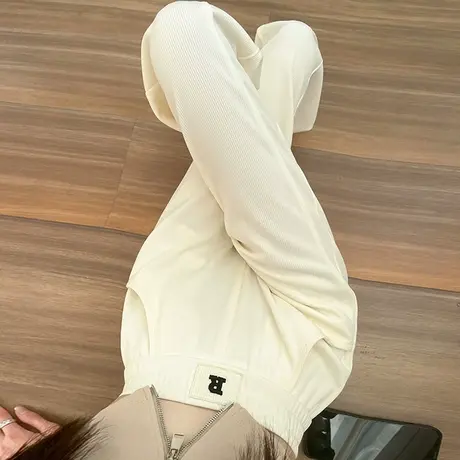 米白色休闲长裤女春秋新品高腰显瘦松紧腰垂感针织拖地窄版阔腿裤商品大图