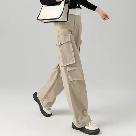 窄版高腰阔腿裤女2024新款春秋卡其色裤子休闲裤直筒裤美式工装裤商品大图
