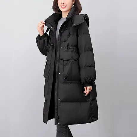 妈妈中长款羽绒服冬季宽松加大码女装白鸭绒休闲收腰过膝棉衣外套图片