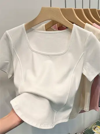 方领正肩短款不规则上衣女夏设计感小众弧形下摆鱼骨白色短袖T恤商品大图