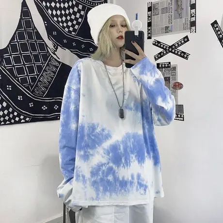 扎染t恤女长袖hiphop炸街春秋上衣ins潮网红宽松韩版2023新款秋装商品大图