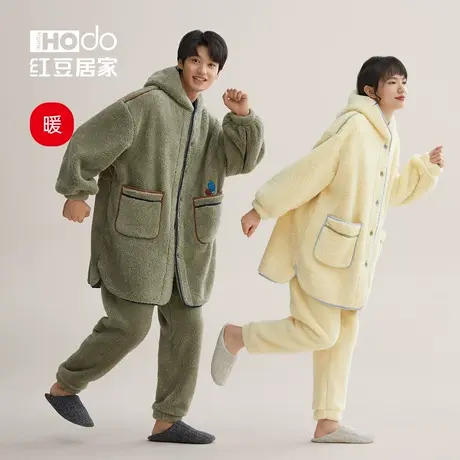 【暖感】红豆居家情侣珊瑚绒连帽睡衣加厚男士女秋冬法兰绒家居服商品大图