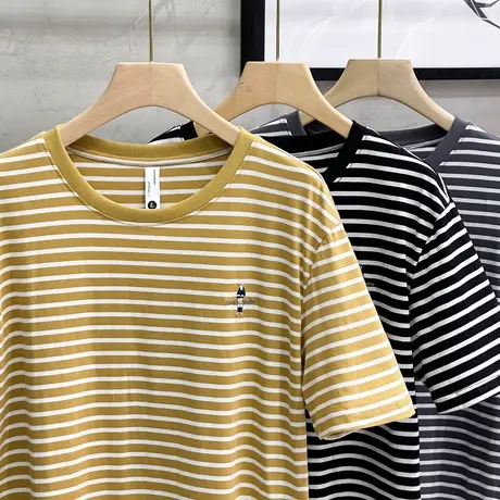 夏季日系复古条纹刺绣短袖t恤韩版宽松男生情侣百搭纯棉打底衫潮商品大图